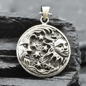 Himmlischen Silber Anhänger, Halbmond Anhänger, Sun Silber Anhänger, Mond Halskette, Astrologie Anhänger, Sterne Silber Anhänger, Massiv Silber