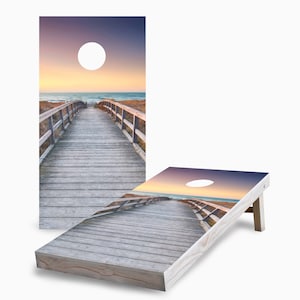 Cornhole Game Set: Sunrise Beach Design - Folding Legs, Made in USA