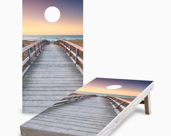 Sunrise Beach Boardwalk Cornhole Boards, Complete Outdoor Game Set with 2 Boards, 8 Bags & Optional Accessories, The Perfect Gift