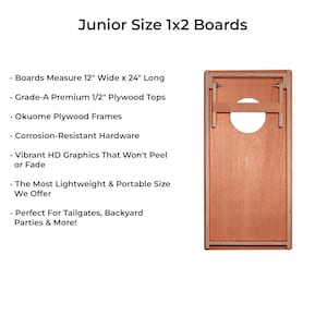 This image outlines the specifications of our Vintage Retro Stripes Backyard junior size custom corn hole game boards. It discusses the materials used and the sizing.