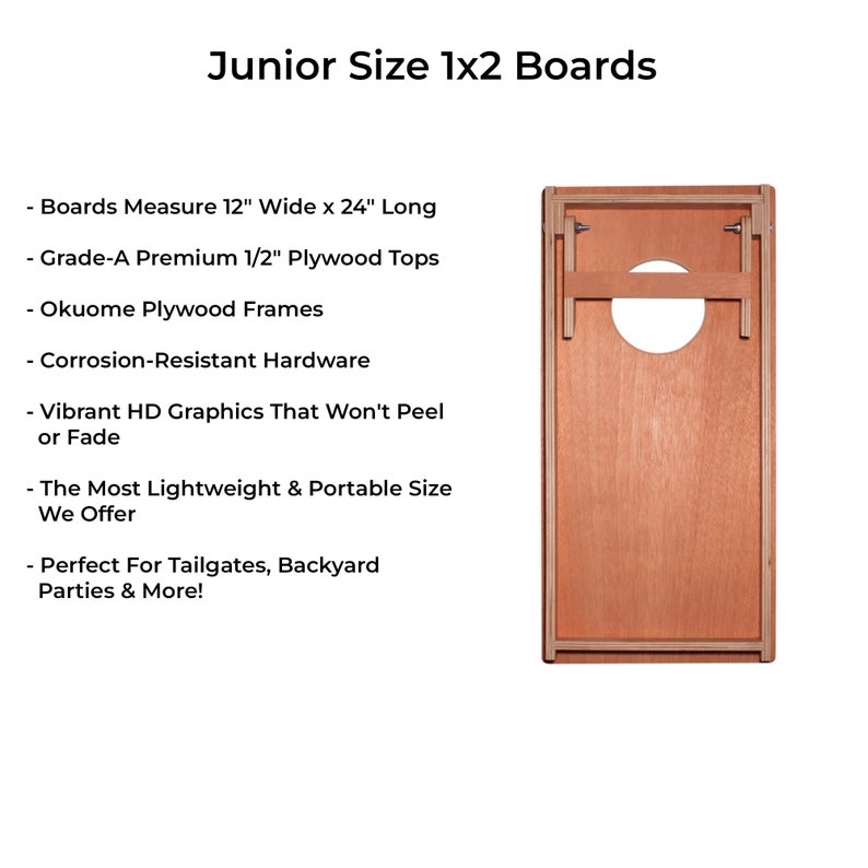 This image outlines the specifications of our Vintage Retro Stripes Backyard junior size custom corn hole game boards. It discusses the materials used and the sizing.