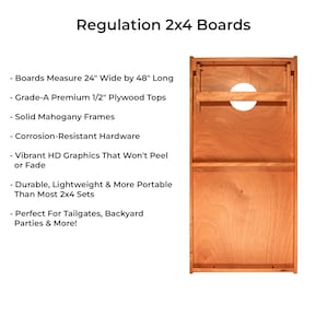 This image outlines the specifications of our Vintage Retro Stripes Backyard regulation size custom corn hole game boards. It discusses the materials used and the sizing.