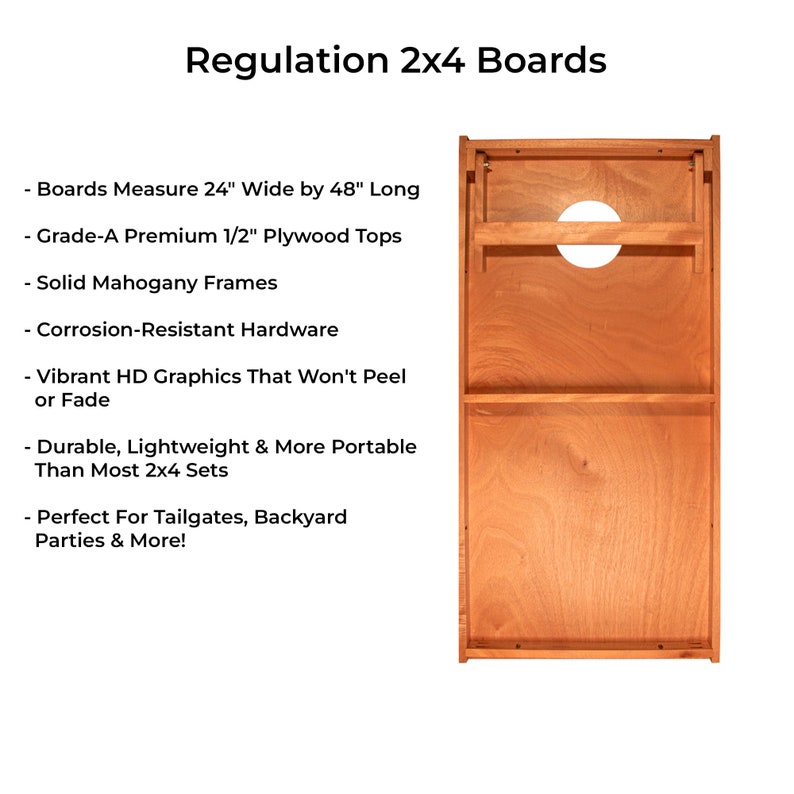 This image outlines the specifications of our Vintage Retro Stripes Backyard regulation size custom corn hole game boards. It discusses the materials used and the sizing.
