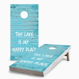 Lake Is My Happy Place Cornhole Boards, Complete Outdoor Game Set with 2 Boards, 8 Bags & Optional Accessories, The Perfect Gift