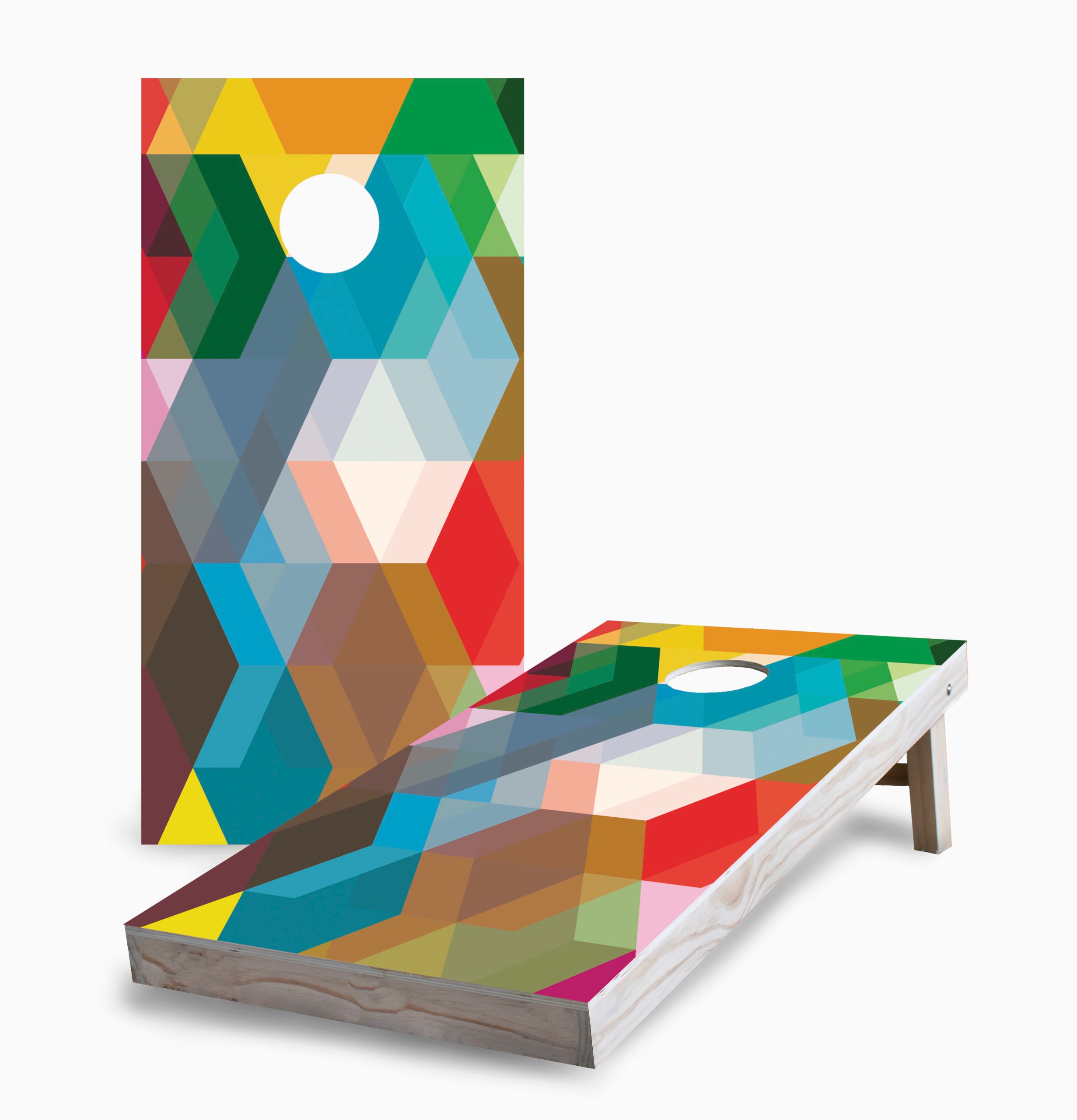 Cornhole Game Set Retro Mosaic Design - Foldable Legs, 8 Bags Included