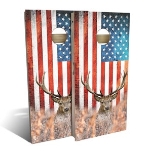American Flag Deer Big Buck Cornhole Boards, Complete Outdoor Game Set with 2 Boards, 8 Bags & Optional Accessories, The Perfect Gift