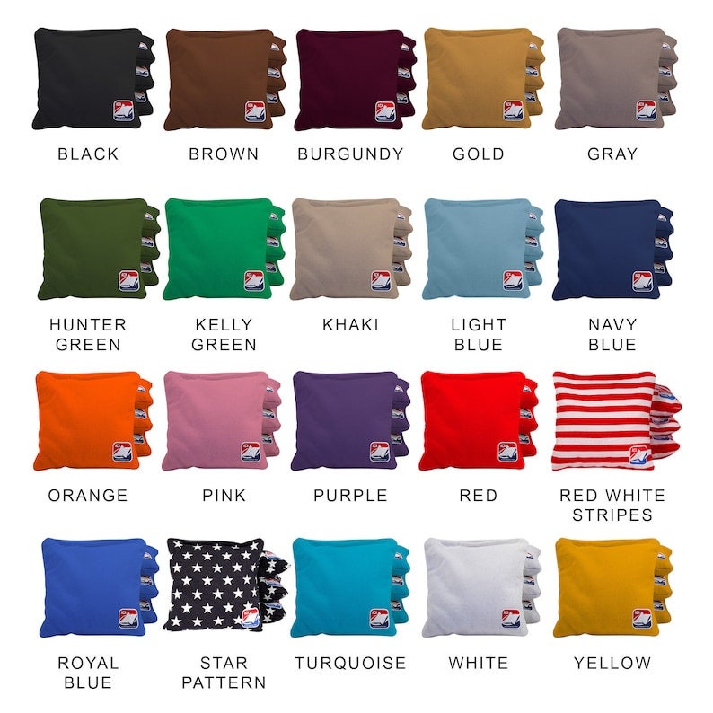 This photo outlines the different cornhole bag colors that can be selected with the Vintage Retro Stripes Backyard custom cornhole set. We offer professional cornhole bags that come in sets of 4 or 8.