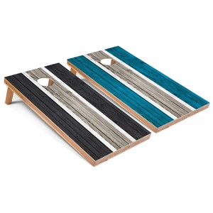 Dark Grey and Turquoise Striped Cornhole Boards, Complete Outdoor Game Set with 2 Boards, 8 Bags & Optional Accessories, The Perfect Gift
