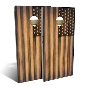 Burnt Wood American Flag Cornhole Boards, Complete Outdoor Game Set with 2 Boards, 8 Bags & Optional Accessories, The Perfect Gift