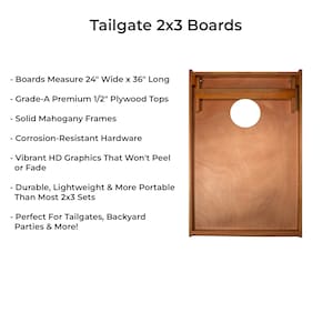 This image outlines the specifications of our Vintage Retro Stripes Backyard tailgate custom corn hole game boards. It discusses the materials used and the sizing.