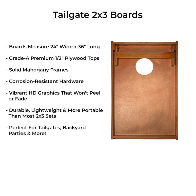 This image outlines the specifications of our Vintage Retro Stripes Backyard tailgate custom corn hole game boards. It discusses the materials used and the sizing.