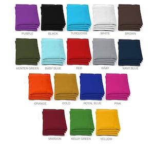 This photo outlines the different cornhole bag colors that can be selected with the Drinking custom cornhole set. We offer professional cornhole bags that come in sets of 4 or 8.
