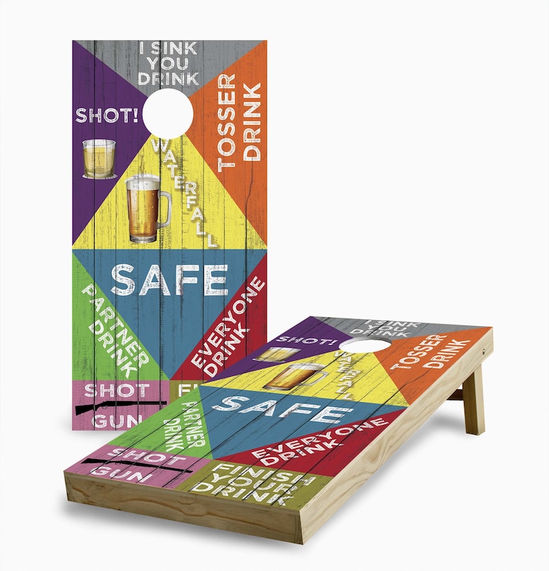 Main image of our Drinking regulation corn hole boards. Our backyard lawn games are perfect for kids and adults and they make a great gift.