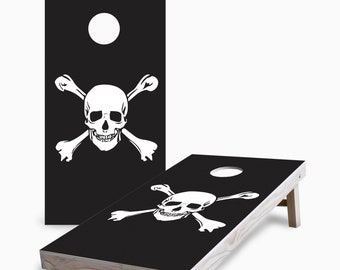 Black Skull and Crossbones Cornhole Boards, Complete Outdoor Game Set with 2 Boards, 8 Bags & Optional Accessories, The Perfect Gift