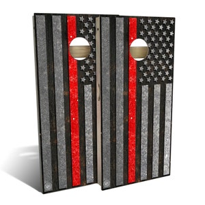 American Flag Red Line Cornhole Boards, Complete Outdoor Game Set with 2 Boards, 8 Bags & Optional Accessories, The Perfect Gift
