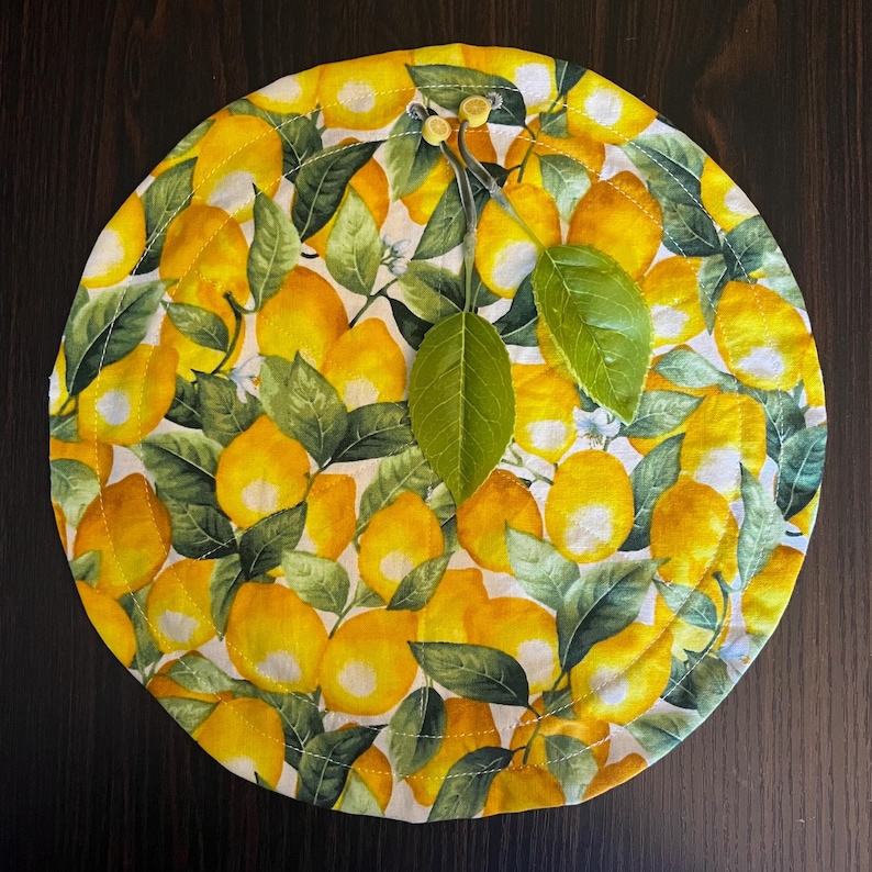 Outside of bag, laid in a flat circle. the fabric is patterned with lemons and leaves.