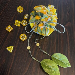 closed bag with a scatering of yellow dice around it