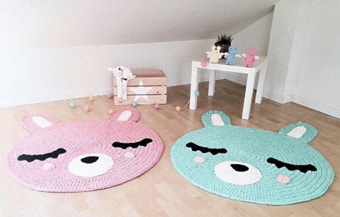 Knit bunny rug. Crochet rug in nursery. Knitted carpet. Honey Etsy