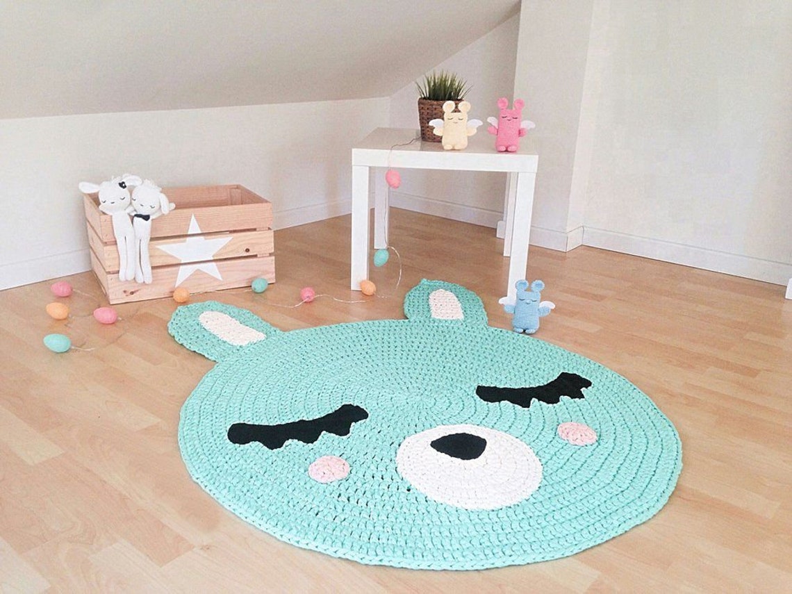 Knit bunny rug. Crochet rug in nursery. Knitted carpet. Honey Etsy