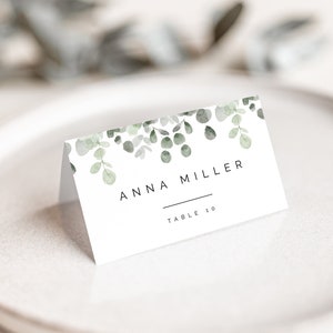 Modèle de marque-place pour mariage, cartes de visite minimalistes feuillage verdure rustique, marque-place imprimable eucalyptus téléchargement immédiat modifiable, #ANNA