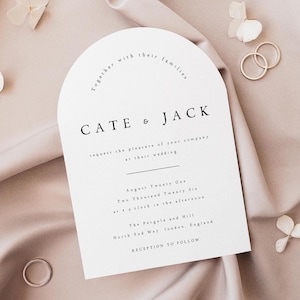 GEDRUKT + VERZONDEN Elegante booghuwelijksuitnodiging met gratis enveloppen, minimalistische elegante bruiloftsuitnodiging, gebogen trouwkaarten, #CATE