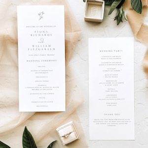 Ordre de service personnalisé pour mariage : élégants programmes de mariage botaniques de fleurs dessinées à la main, imprimés et expédiés, taille DL, #FIONA