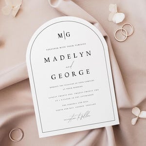 GEDRUKT + VERZONDEN Elegante booghuwelijksuitnodiging met gratis enveloppen, minimalistische elegante bruiloftsuitnodiging, gebogen trouwkaarten, #MDLN