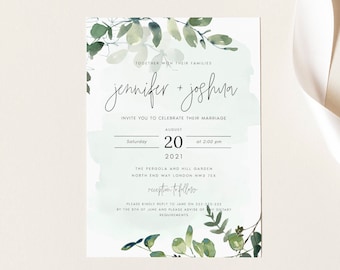 Greenery Wedding Invitation Template, Bohemian Wedding Template Suite, Boho Watercolor Eucalyptus Wedding Invite, Instant Download, #JNNFR