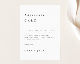 Könnte beinhalten: Eine weiße Karte mit dem Text "Enclosure Card" in schwarzer Schrift. Die Karte enthält Anweisungen zur Verwendung einer Vorlage zum Erstellen von individuellen Beilagenkarten für Geschenke, Registrierungsinformationen, Glückwünsche und mehr. Die Karte ist mit "Cate + Jack" signiert.