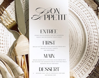 Tarjeta de menú de boda impresa, diseño minimalista y elegante, menú de cena personalizado - SALLY