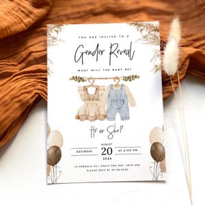 Plantilla editable de invitación para baby shower con revelación de género, con temática de oso, para niña y niño, estilo bohemio, en tonos marrón, azul y neutro, n.° 1001