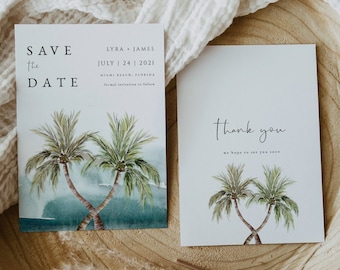 Tropical Save the Date Template, Beach Wedding, Digital Download, Editable, Printable, Palms, Palm Tree, Templett, 5x7, Minimalist, #LYRA