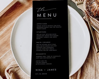 Minimalist Black Wedding Menu Template, Modern Script Wedding Dinner Menu, Printable, Digital Download Reception Dinner Menu Editable, #NINA