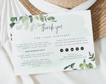 Foliage Small Business Thank You Card Template, Instant Download Order Package Insert, Thank You For Your Purchase Insert, #JNNFR