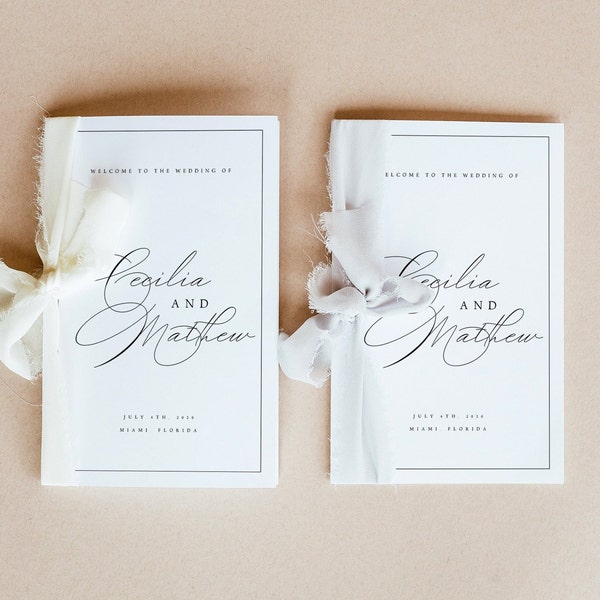 Elegant Wedding Program Template, Foldable Wedding Program, Minimalist Wedding Program, Folded Program Wedding Instant, Templett, #CCL