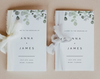 Greenery Wedding Program Template, Folded Foliage Wedding Program, Rustic Eucalyptus Minimalist Wedding Program, Instant Download, #ANNA