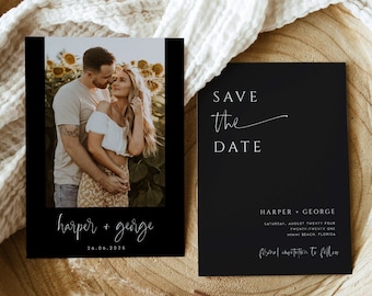 Double-Sided Black Photo Save the Date Template, Downloadable, Printable Save the Date, Editable, Instant Download, DIY, Templett, #HARPR