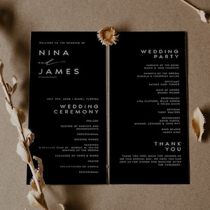 Modern Black Wedding Program Template, Minimalist Order of Service, Printable Ceremony, DIY Program Card, Instant Download, Editable, #NINA