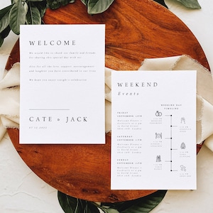 Modelo de carta de boas-vindas e cronograma moderno, ordem de eventos de casamento minimalista, itinerário de casamento, DOWNLOAD INSTANTÂNEO, texto 100% editável, #CATE