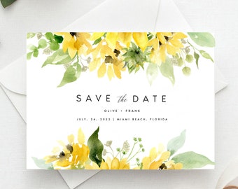 Save the Date Invitation Template, Wedding Save the Date, Sunflower, Editable, Yellow, Floral, Engagement, digital download, DIY, #FL377