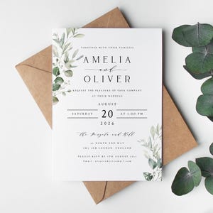 Invitaciones de boda con vegetación, invitaciones de boda con acuarela, sobres kraft o blancos, papel mate texturizado, estilo rústico bohemio n.° 008