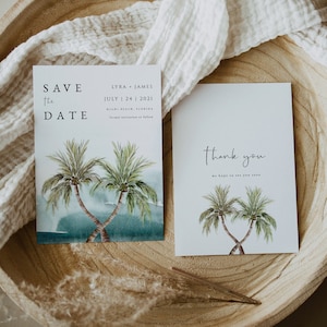 Plantilla tropical para guardar la fecha, boda en la playa, descarga digital, editable, imprimible, palmeras, templett, 5x7, minimalista, #LYRA