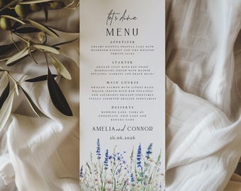 Personalised Floral Wedding Menu Card, Printed Elegant Dinner Menus, Minimalist Wildflower Blue Meadow Wedding Menus - AMELIA1