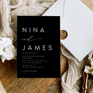 Black Wedding Invitation, Black & White Invitation, White Lettering on Black, Monochrome Wedding Invitation, Modern Editable Template, #NINA