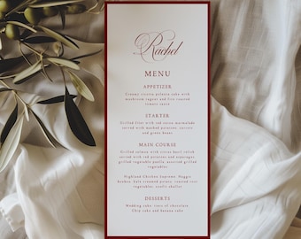 Personalisierte burgunderfarbene Hochzeitsmenükarte und Namenskarte, gedruckte elegante Abendmenüs mit Tischkarte, minimalistische Hochzeitsmenüs - MENU009