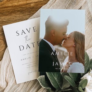 結婚式用の写真付きSave the Dateカード、ミニマルな結婚式用Save the Dateカード（封筒付き）、写真付きカスタムウェディングカード、#AMELIE