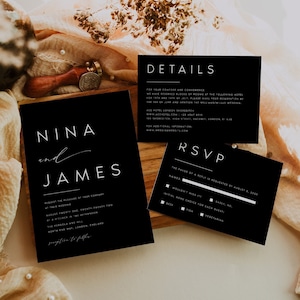 Black Wedding Invitation Set Template, Minimalist, Modern Editable Template, INSTANT Download, Invite, RSVP, Details Card, Templett, #NINA