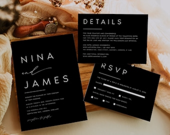 Black Wedding Invitation Set Template, Minimalist, Modern Editable Template, INSTANT Download, Invite, RSVP, Details Card, Templett, #NINA