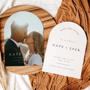 GEDRUKT + VERZONDEN Save the Date-kaarten met boog, minimalistisch modern gewelfd Save the Date-kaarten voor bruiloft, Save Our Date-kaart met gratis enveloppen, #CATE