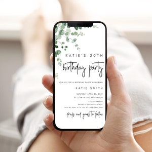 Greenery Electronic Birthday Party Invitation, Online Boho Birthday Celebration Invite, Rustic Digital Download Text Message Evite, #KATIE